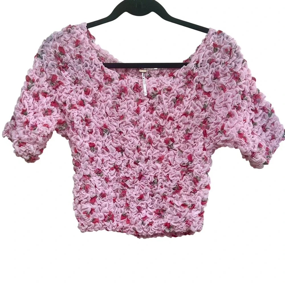Free People Pink Floral Smocked Bubble Sleeve‎ Crop Top XS